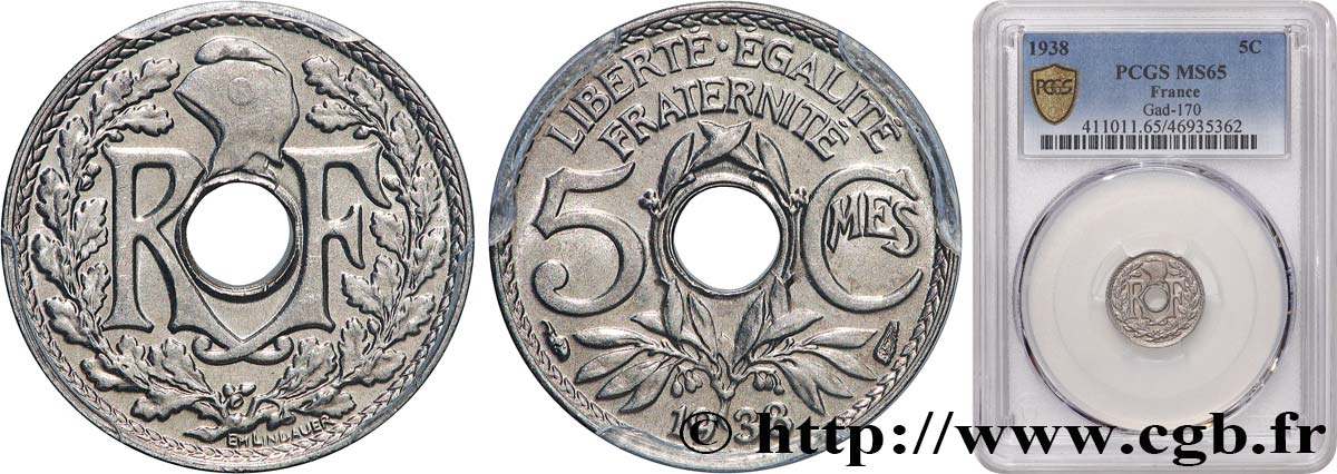 5 centimes Lindauer, petit module 1938 Paris F.122/21 FDC65 PCGS