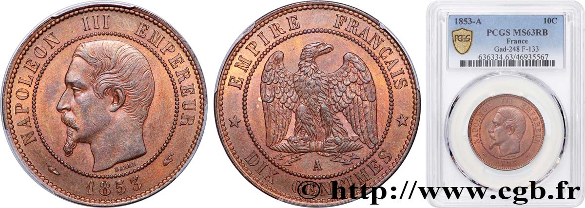 Dix centimes Napoléon III, tête nue 1853 Paris F.133/2 SC63 PCGS