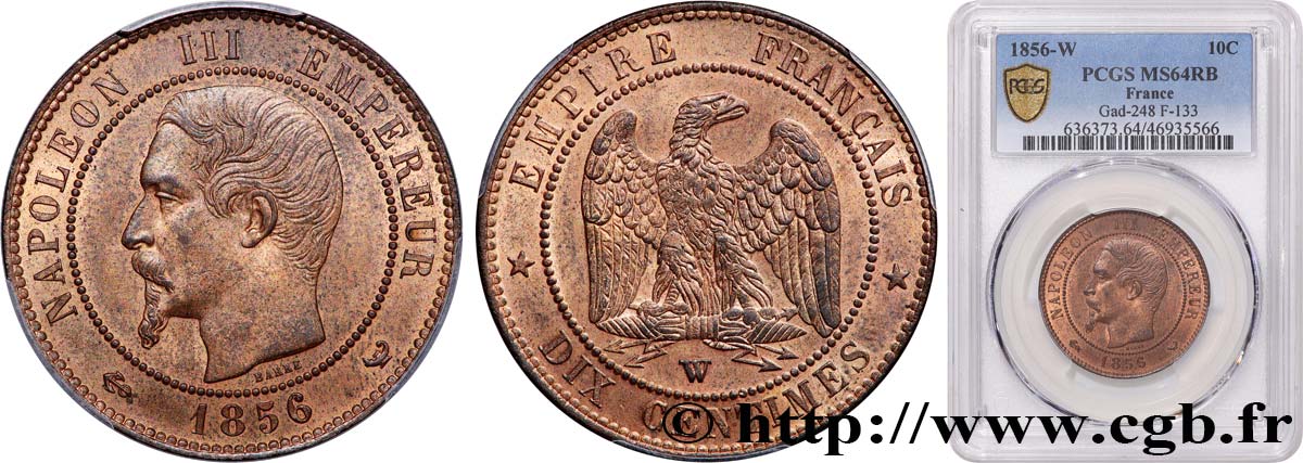 Dix centimes Napoléon III, tête nue 1856 Lille F.133/40 fST64 PCGS