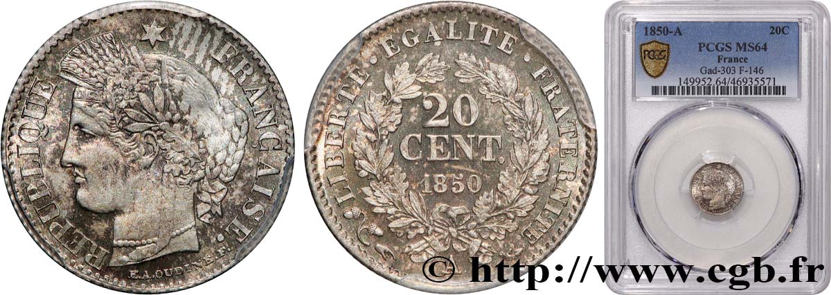 20 centimes Cérès, IIe République 1850 Paris F.146/2 fST64 PCGS