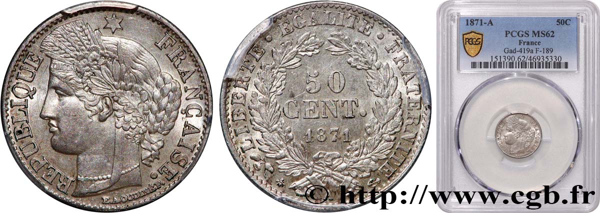 50 centimes Cérès, IIIe République 1871 Paris F.189/1 VZ62 PCGS