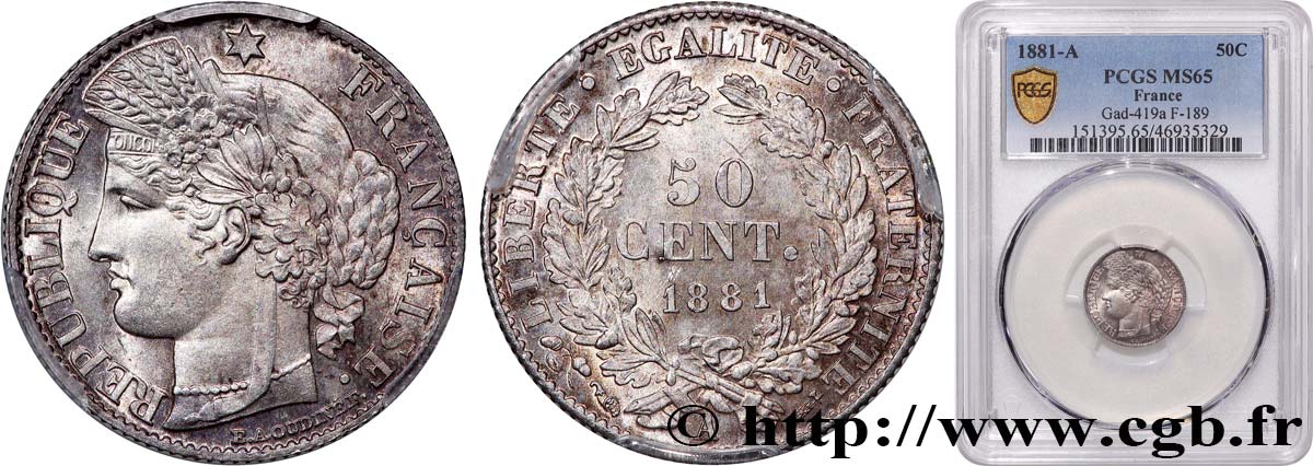 50 centimes Cérès, Troisième République 1881 Paris F.189/9 FDC65 PCGS