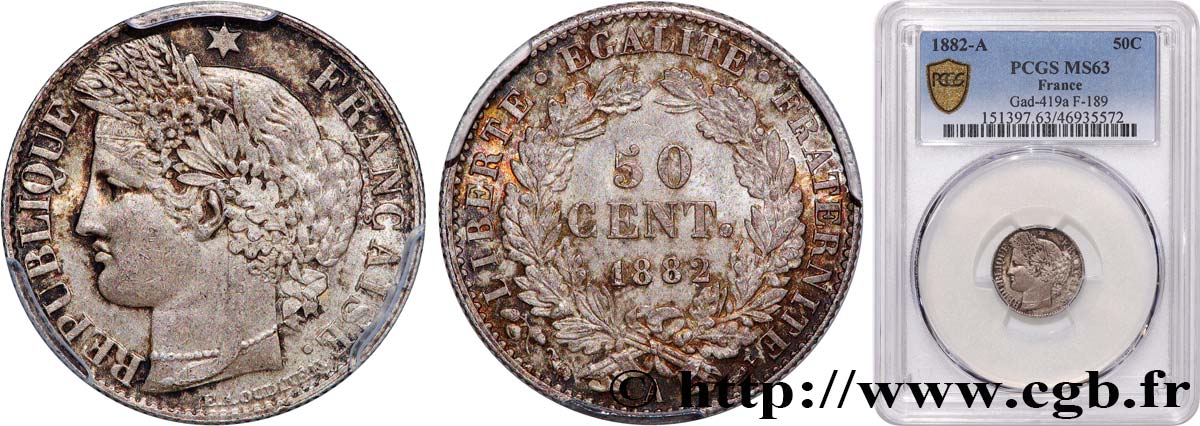50 centimes Cérès, IIIe République 1882 Paris F.189/10 MS63 PCGS