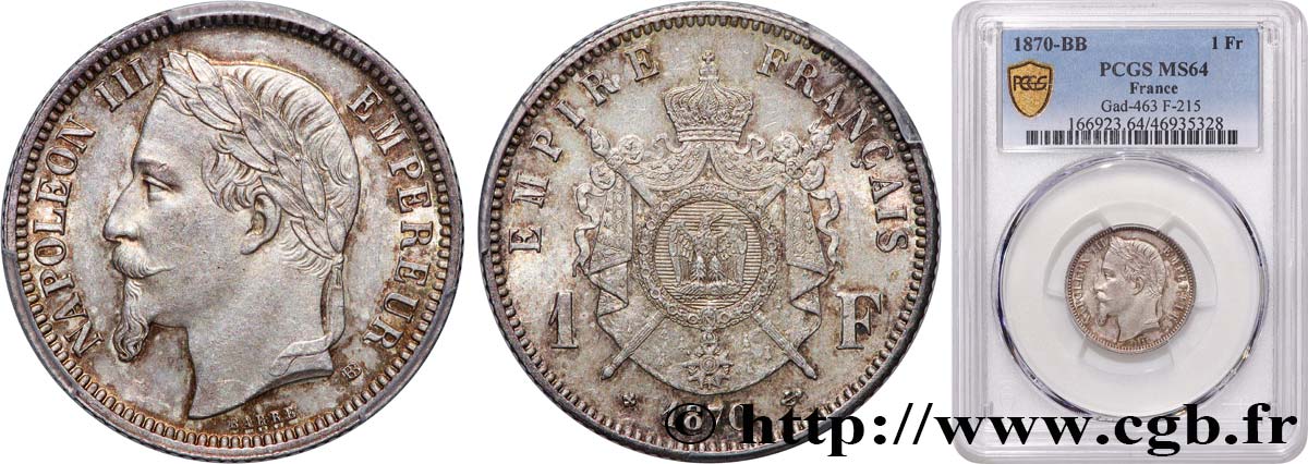 1 franc Napoléon III, tête laurée 1870 Strasbourg F.215/16 fST64 PCGS