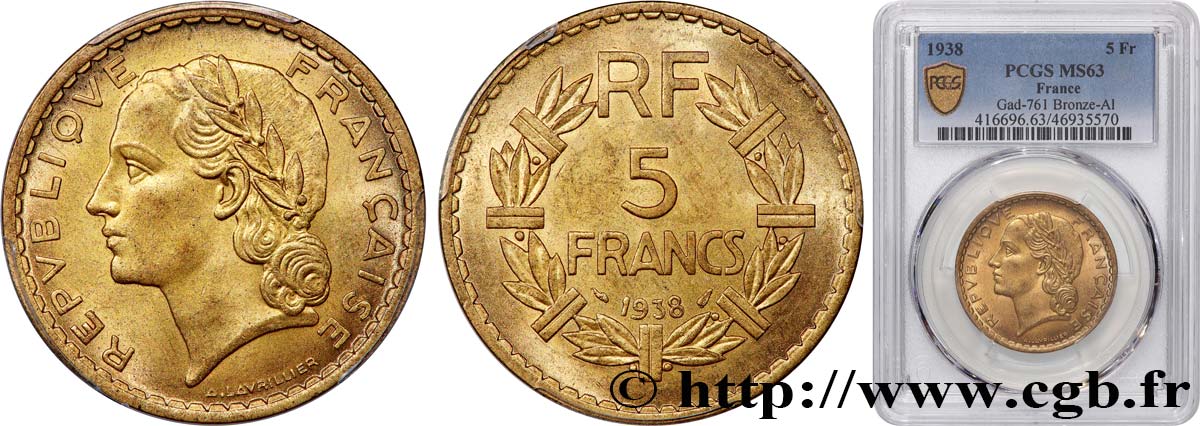 5 francs Lavrillier, bronze-aluminium 1938  F.337/1 MS63 PCGS