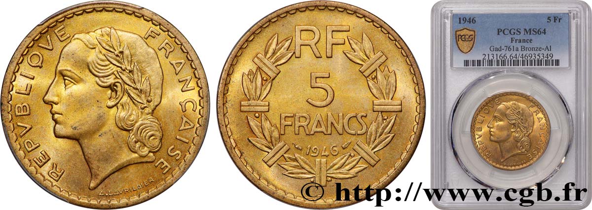 5 francs Lavrillier, bronze-aluminium 1946  F.337/7 fST64 PCGS