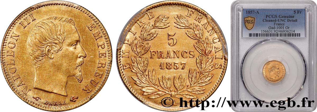 5 francs or Napoléon III, tête nue, grand module 1857 Paris F.501/4 SUP+ PCGS