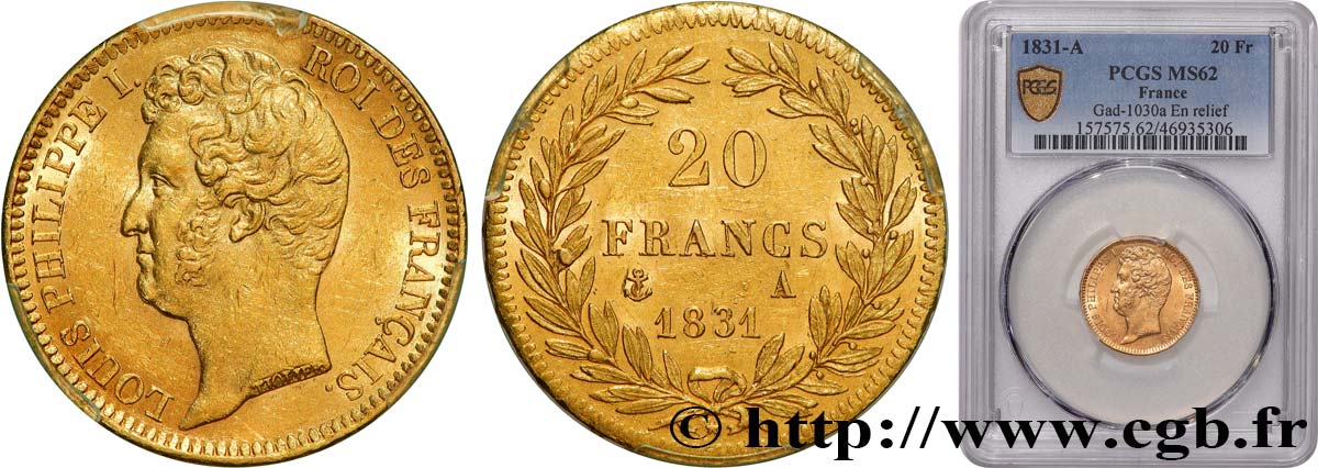 20 francs or Louis-Philippe, Tiolier, tranche inscrite en relief 1831 Paris F.525/2 EBC62 PCGS