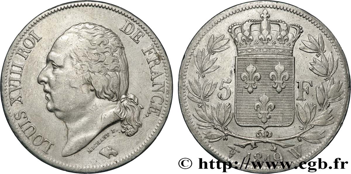 5 francs Louis XVIII, tête nue 1819 Lille F.309/48 TB+ 