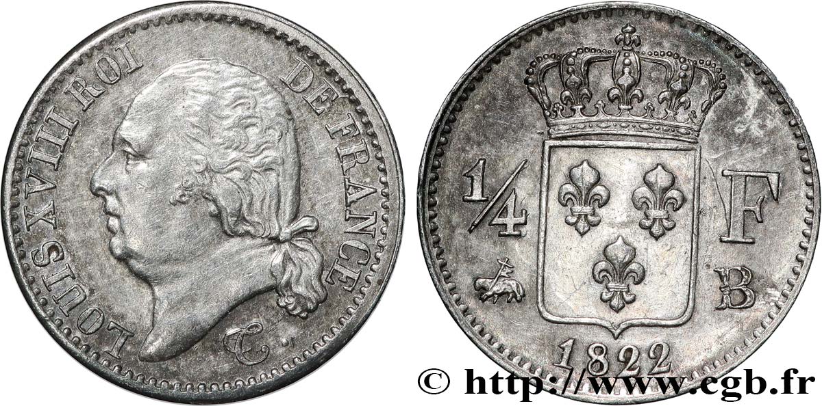 1/4 franc Louis XVIII 1822 Rouen F.163/22 AU55 