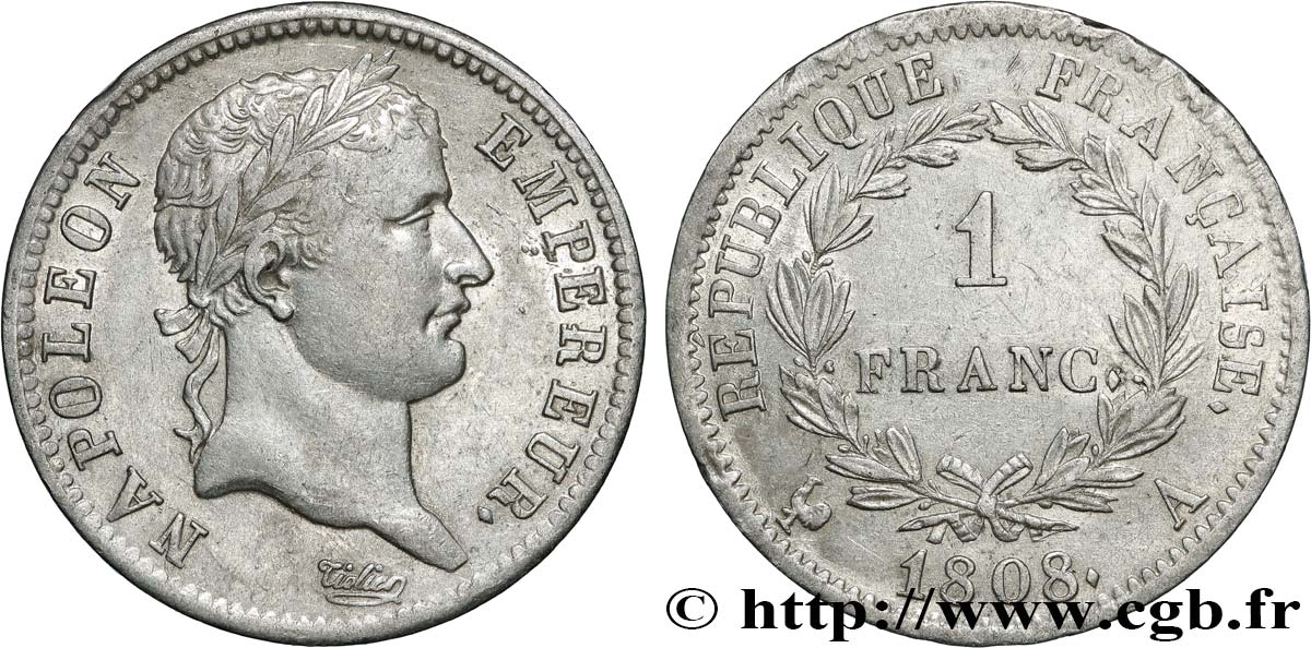 1 franc Napoléon Ier tête laurée, République française 1808 Paris F.204/2 SS53 