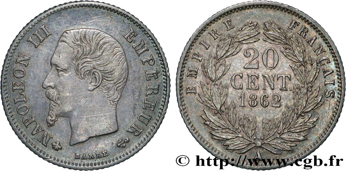 20 centimes Napoléon III, tête nue 1862 Paris F.148/17 TTB+ 