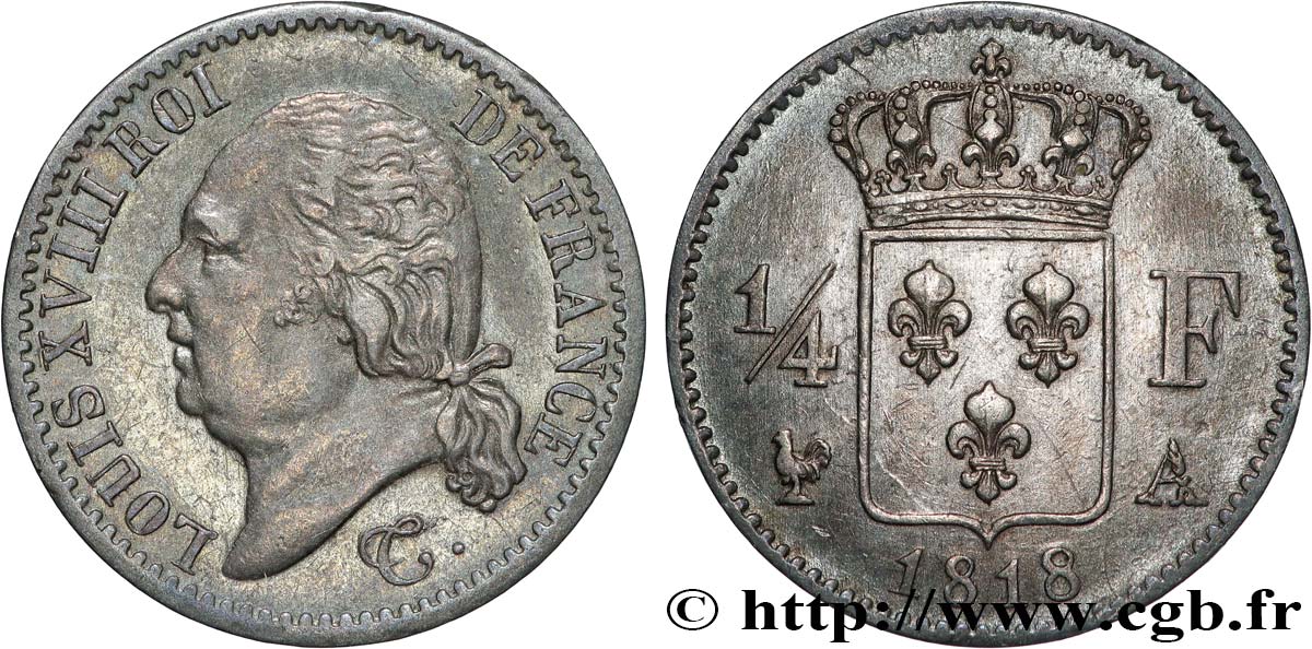 1/4 franc Louis XVIII 1818 Paris F.163/12 fVZ 