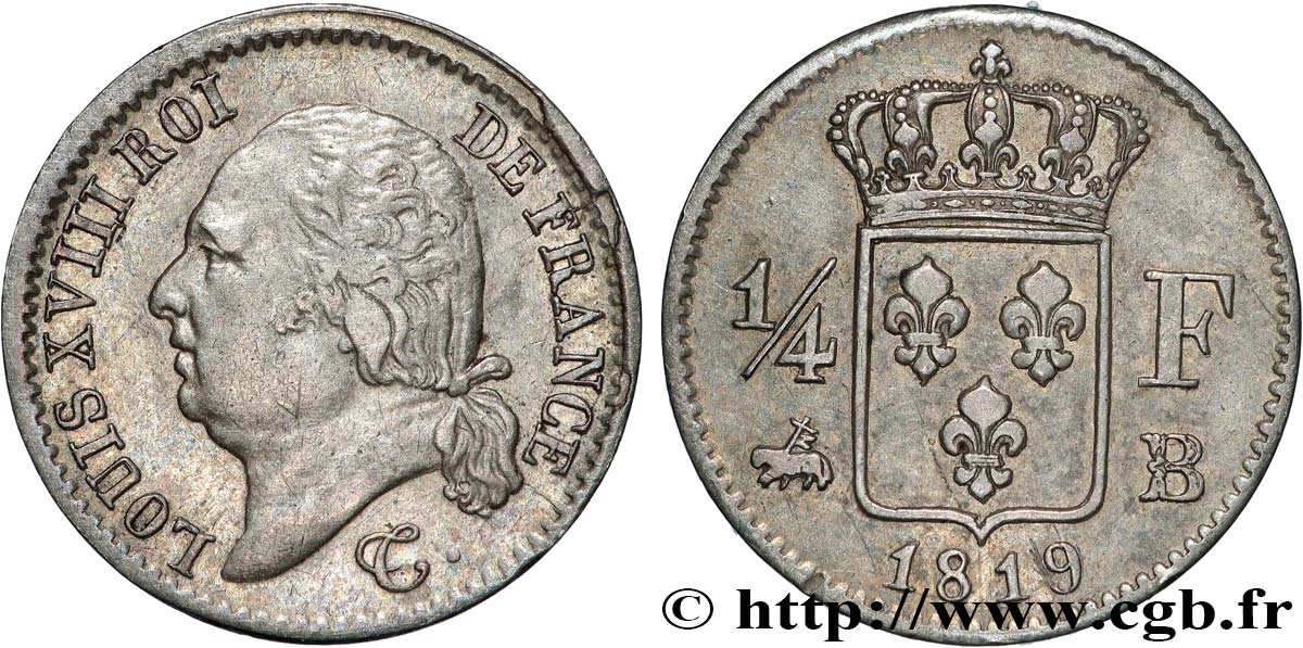 1/4 franc Louis XVIII 1819 Rouen F.163/16 XF 