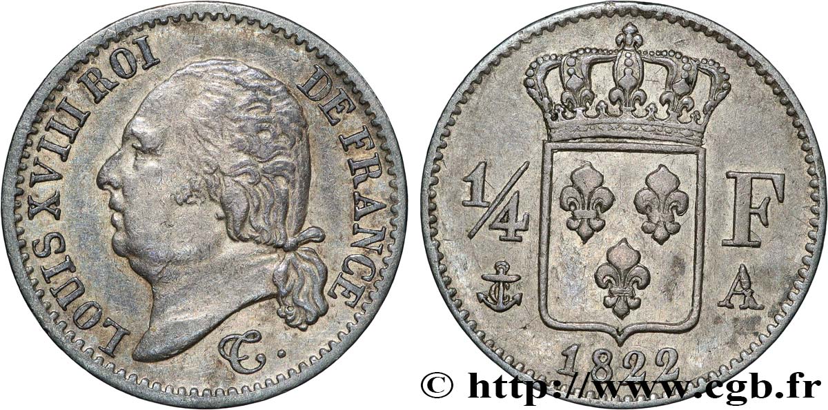 1/4 franc Louis XVIII 1822 Paris F.163/21 MBC50 