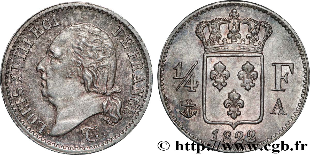1/4 franc Louis XVIII 1822 Paris F.163/21 EBC62 