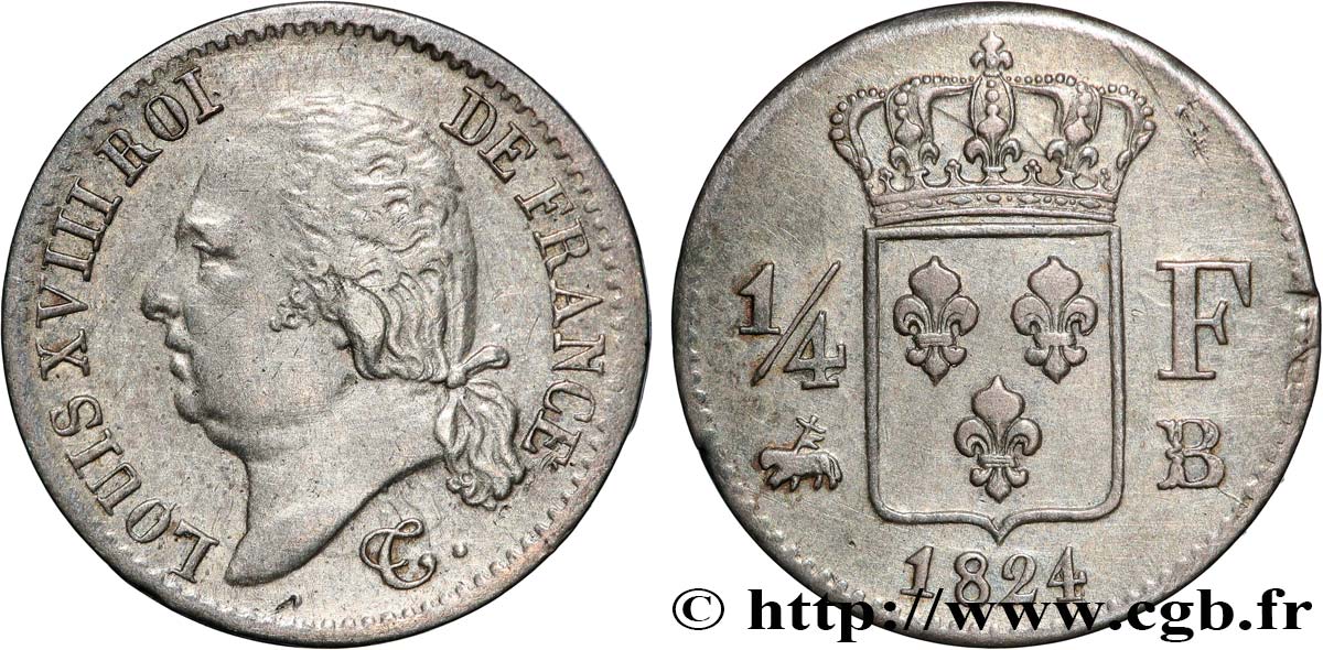 1/4 franc Louis XVIII  1824 Rouen F.163/32 q.SPL 