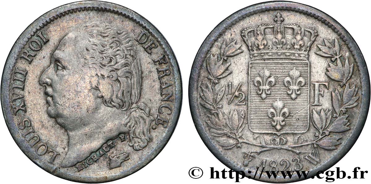 1/2 franc Louis XVIII 1823 Lille F.179/42 XF 