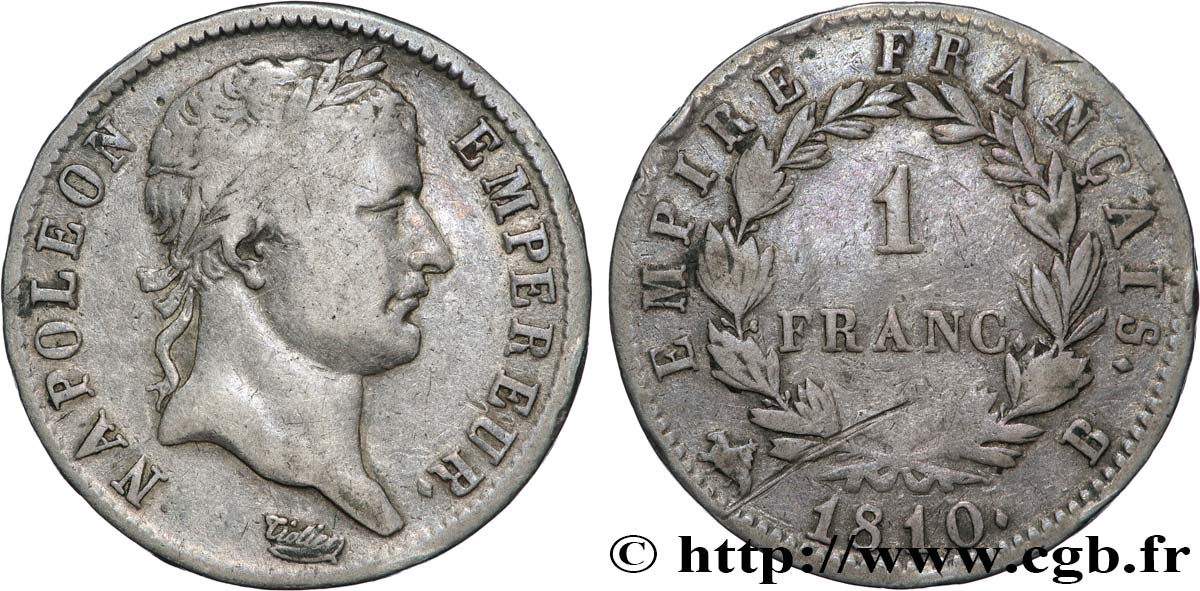 1 franc Napoléon Ier tête laurée, Empire français 1810 Rouen F.205/14 MB 