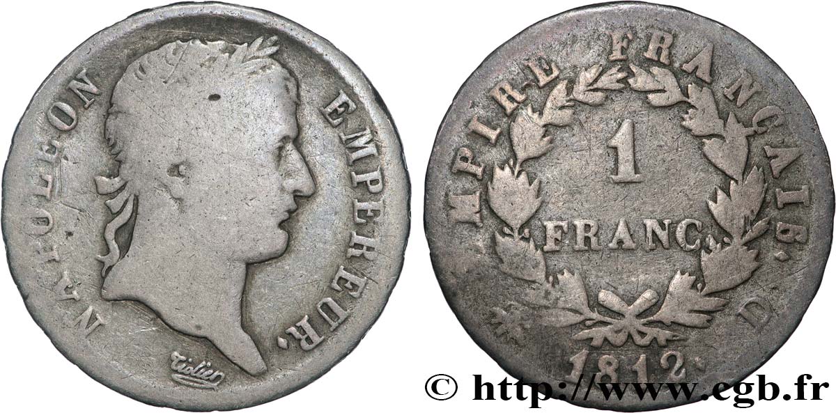 1 franc Napoléon Ier tête laurée, Empire français 1812 Lyon F.205/45 B 