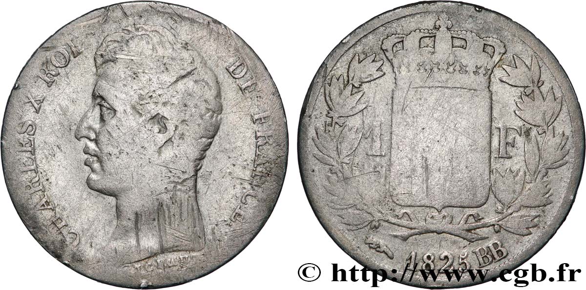 1 franc Charles X, matrice du revers à cinq feuilles 1825 Strasbourg F.207/3 q.B 
