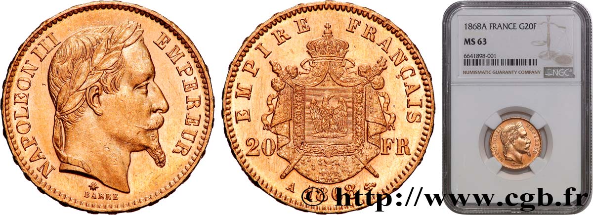 20 francs or Napoléon III, tête laurée 1868 Paris F.532/18 MS63 NGC