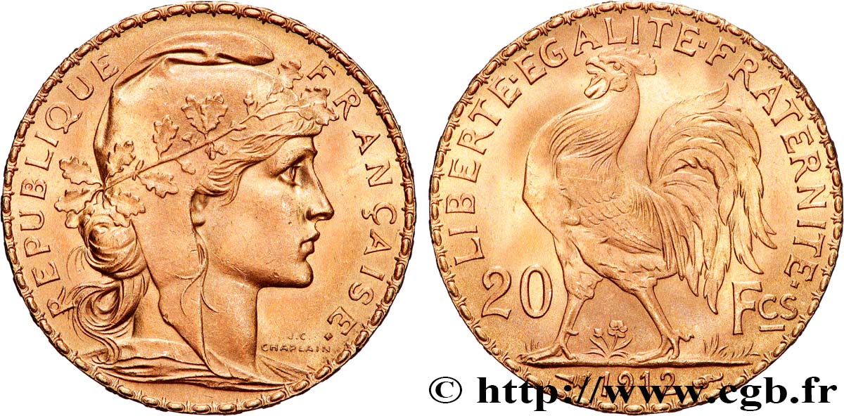 20 francs or Coq, Liberté Égalité Fraternité 1912 Paris F.535/6 SUP+ 
