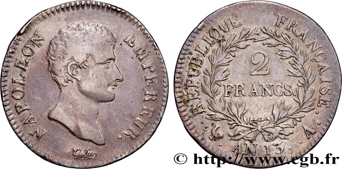 2 francs Napoléon Empereur, Calendrier révolutionnaire 1805 Paris F.251/12 q.BB 