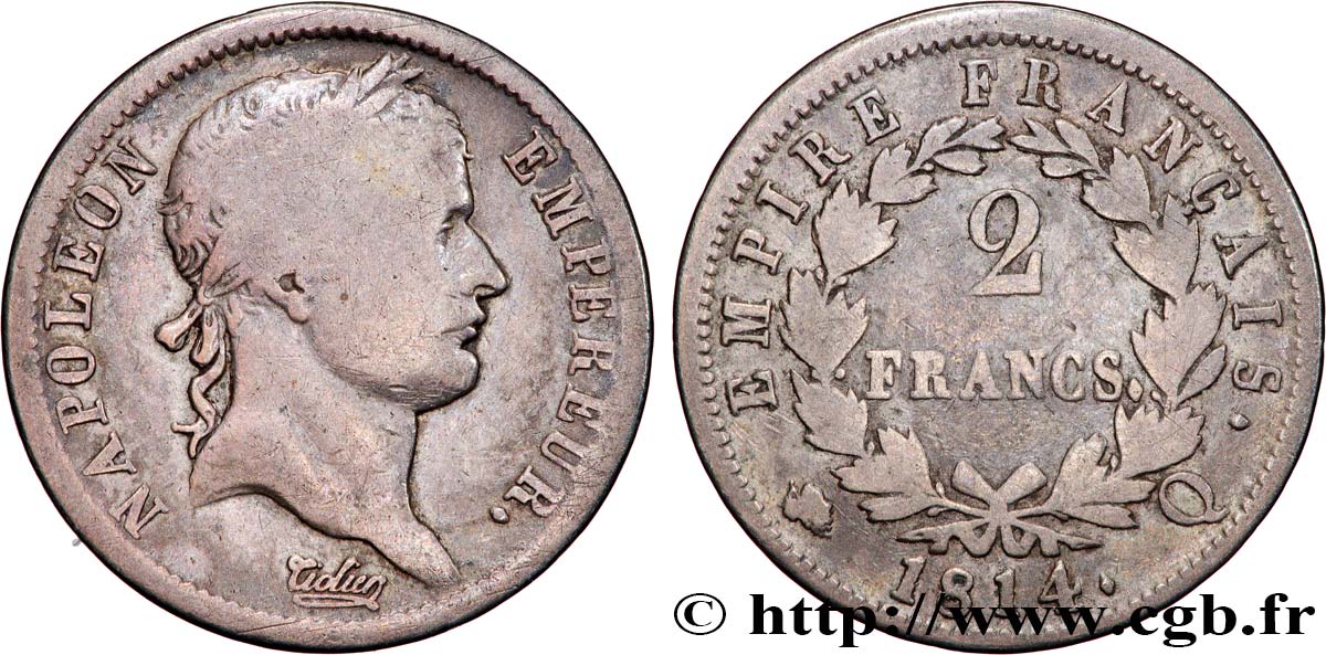 2 francs Napoléon Ier tête laurée, Empire français 1814 Perpignan F.255/69 B+ 