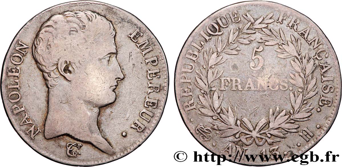 5 francs Napoléon Empereur, Calendrier révolutionnaire 1805 La Rochelle F.303/8 TB20 