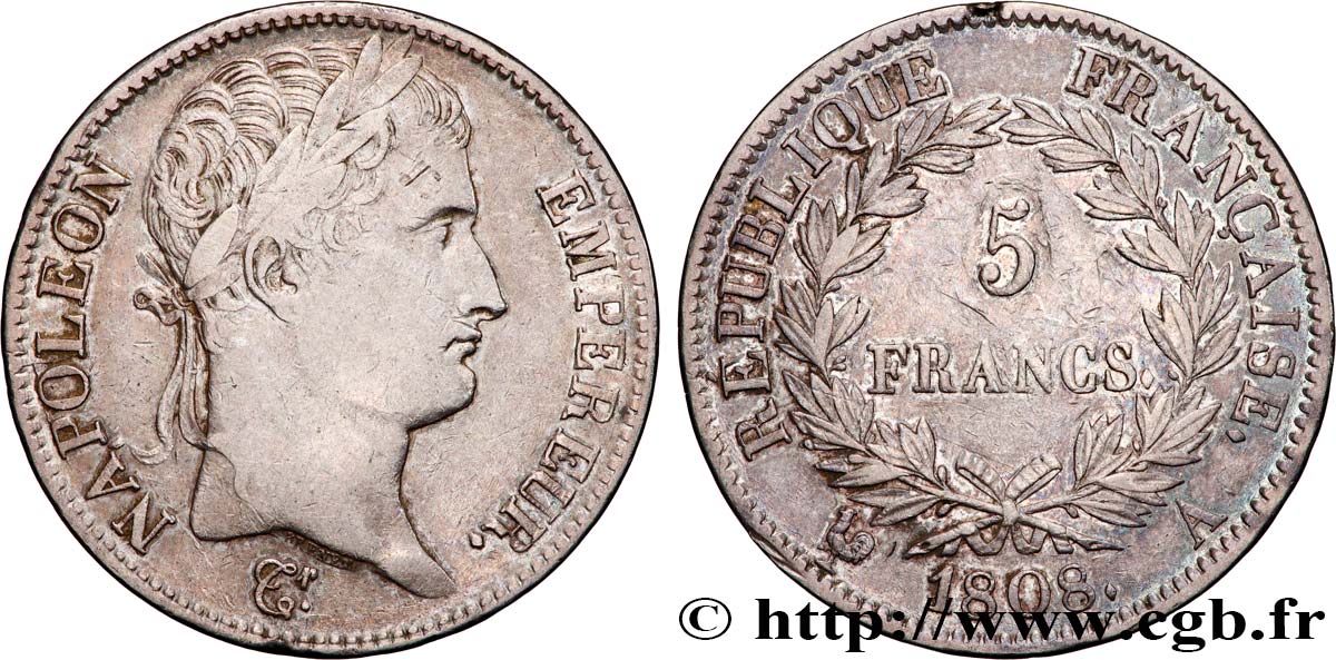 5 francs Napoléon Empereur, République française 1808 Paris F.306/2 SS 