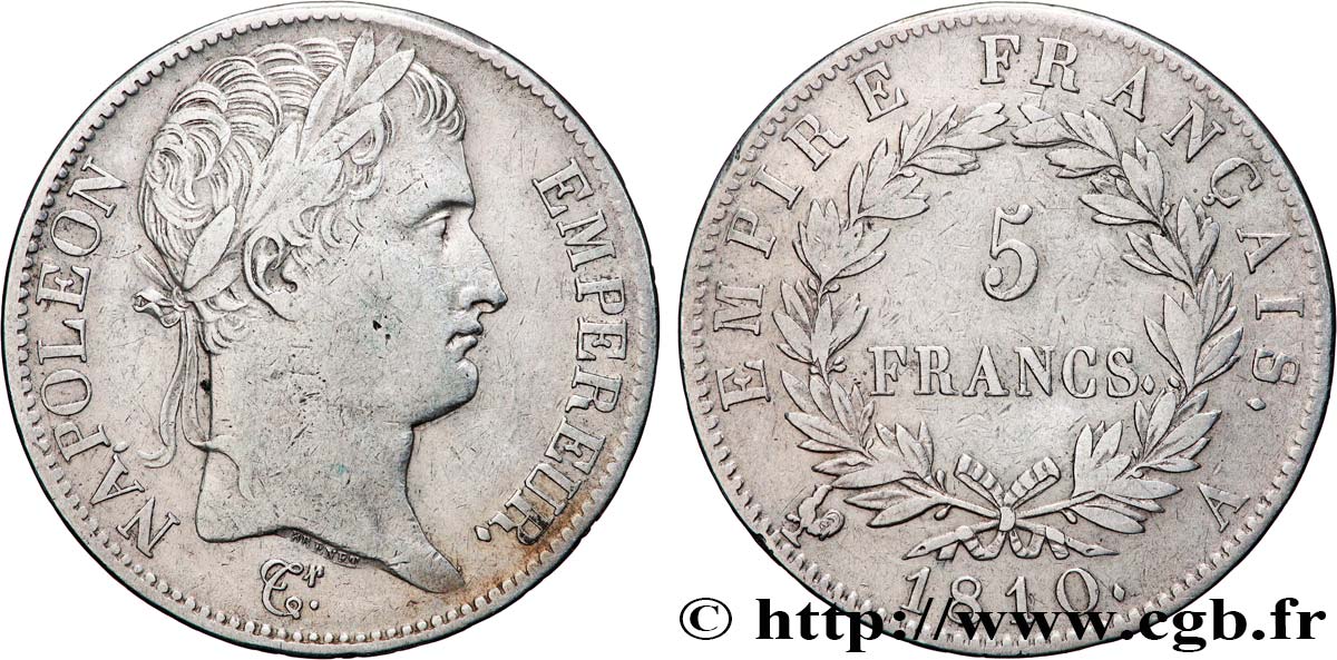 5 francs Napoléon Empereur, Empire français 1810 Paris F.307/14 TTB 