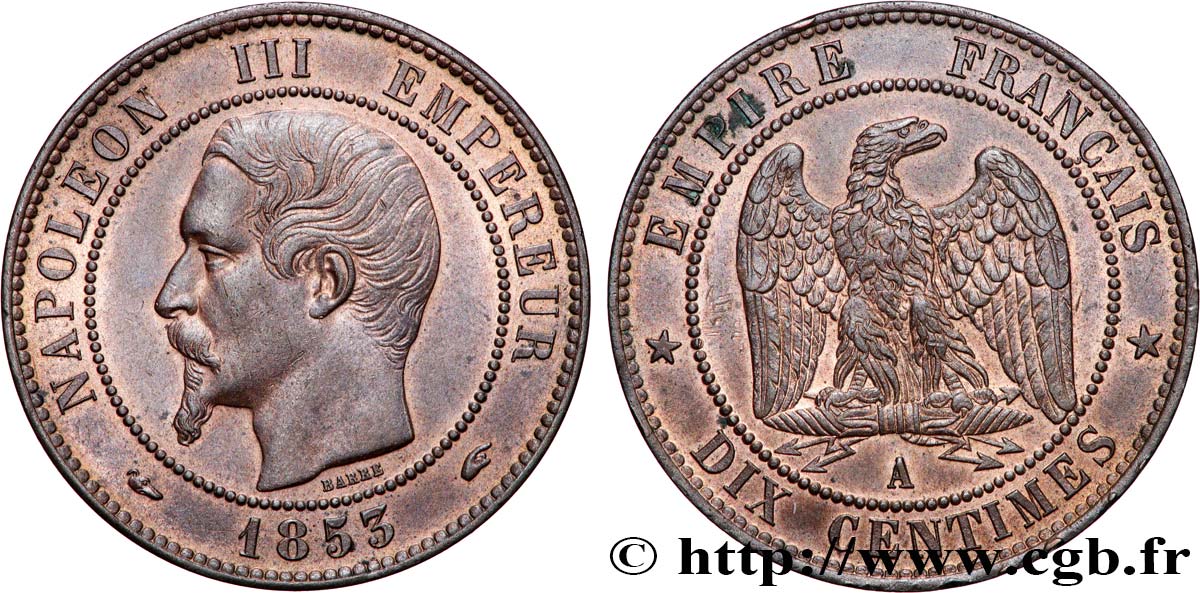 Dix centimes Napoléon III, tête nue 1853 Paris F.133/2 EBC62 