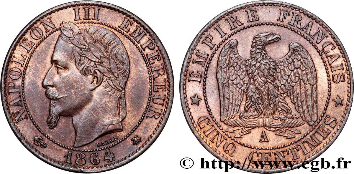 Cinq centimes Napoléon III, tête laurée 1864 Paris F.117/13 SC64 