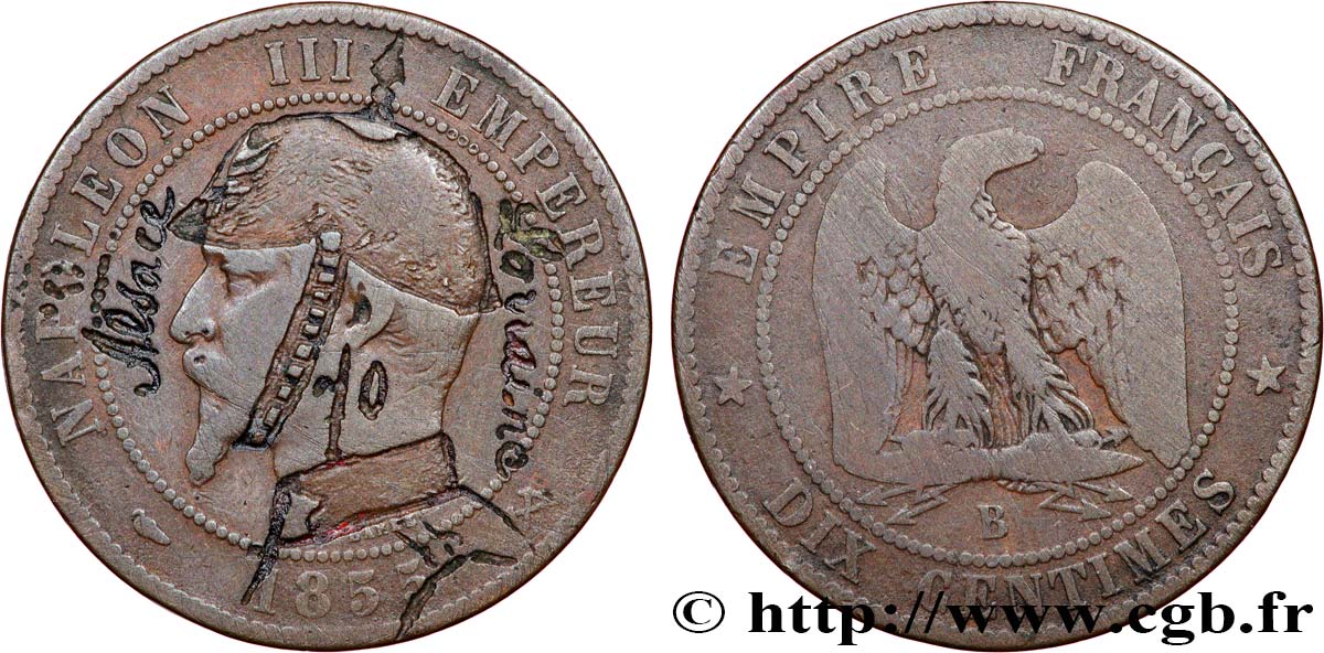 Dix centimes Napoléon III, tête nue, Satirique 1855 Rouen F.133/21 var. BC 