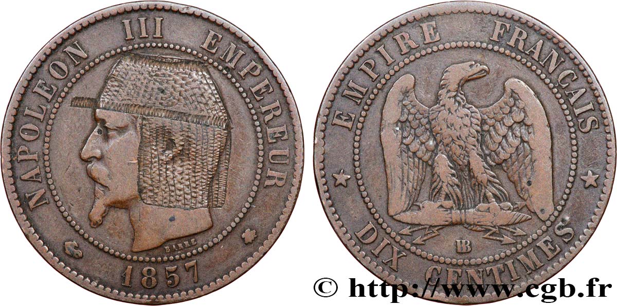 Dix centimes Napoléon III, tête nue, Satirique 1857 Strasbourg F.133/43 var. VF 