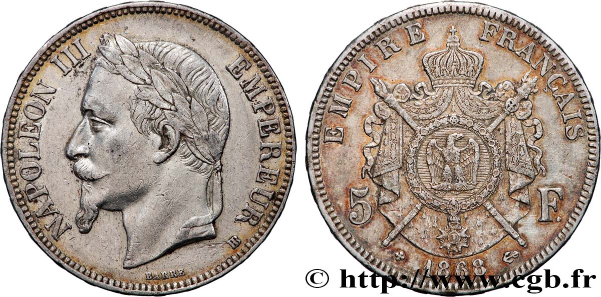 5 francs Napoléon III, tête laurée 1868 Strasbourg F.331/13 TTB 