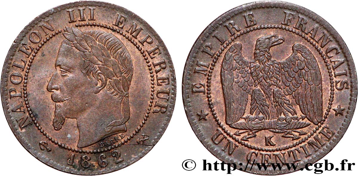 Un centime Napoléon III, tête laurée 1862 Bordeaux F.103/7 SUP60 