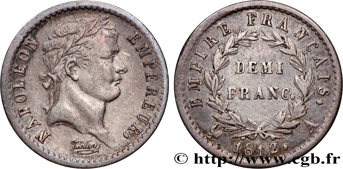 Demi-franc Napoléon Ier tête laurée, Empire français 1812 Paris F.178/35 XF45 