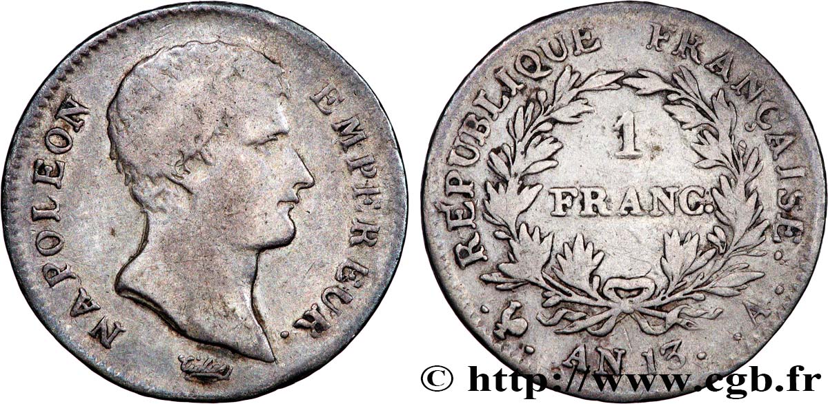 1 franc Napoléon Empereur, Calendrier révolutionnaire 1805 Paris F.201/14 TB 