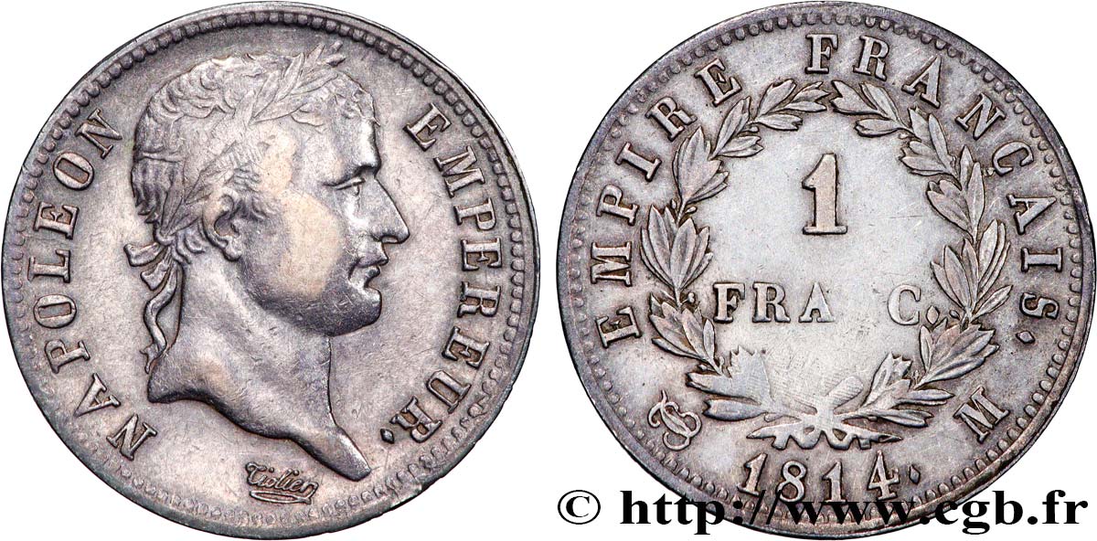 1 franc Napoléon Ier tête laurée, Empire français 1814 Toulouse F.205/75 VF 