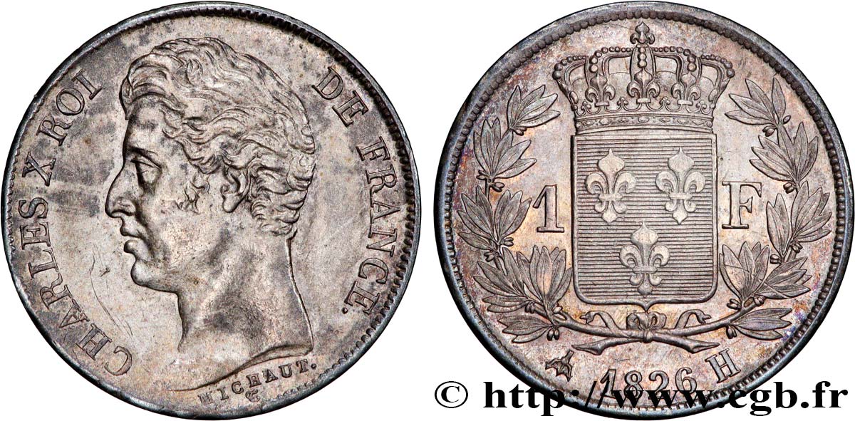 1 franc Charles X, matrice du revers à cinq feuilles 1826 La Rochelle F.207/17 TTB+ 