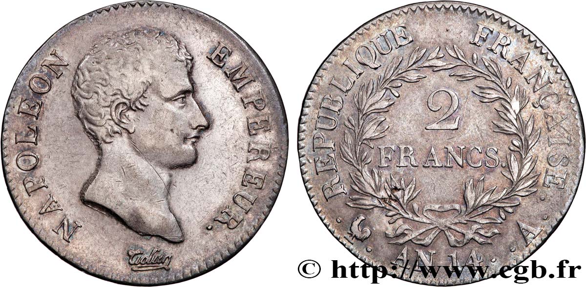 2 francs Napoléon Empereur, Calendrier révolutionnaire 1805 Paris F.251/27 XF 