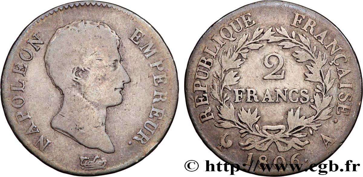 2 francs Napoléon Empereur, Calendrier grégorien 1806 Paris F.252/1 RC+ 