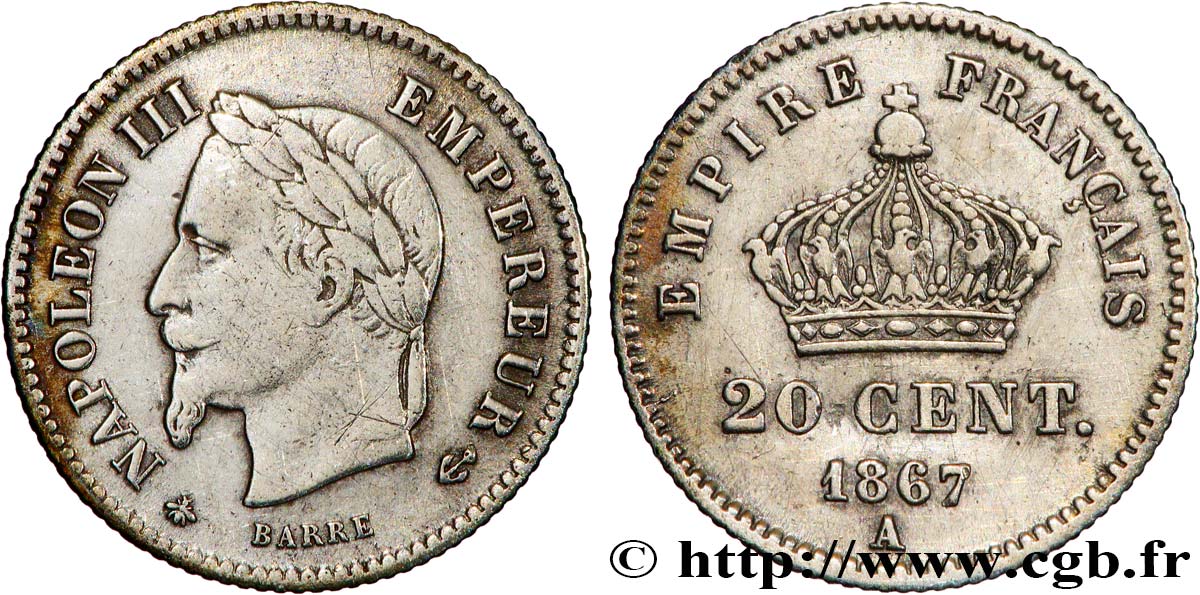 20 centimes Napoléon III, tête laurée, grand module 1867 Paris F.150/1 XF 