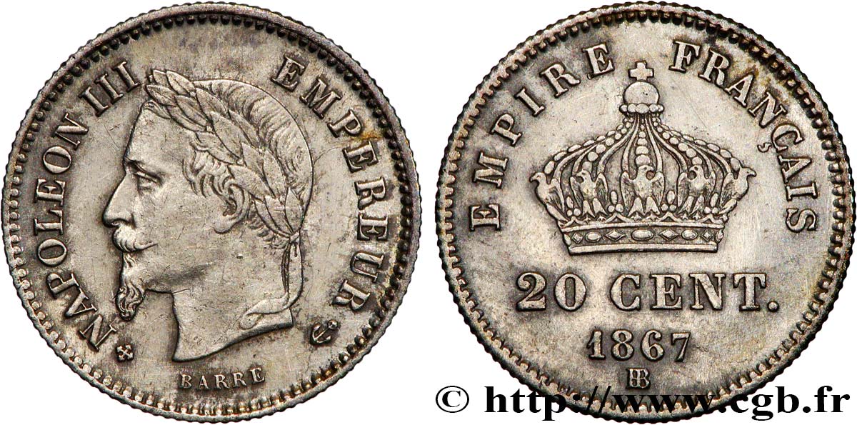 20 centimes Napoléon III, tête laurée, grand module 1867 Strasbourg F.150/2 q.SPL 