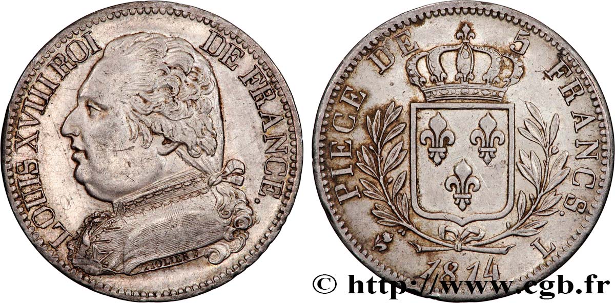 5 francs Louis XVIII, buste habillé 1814 Bayonne F.308/8 fVZ 