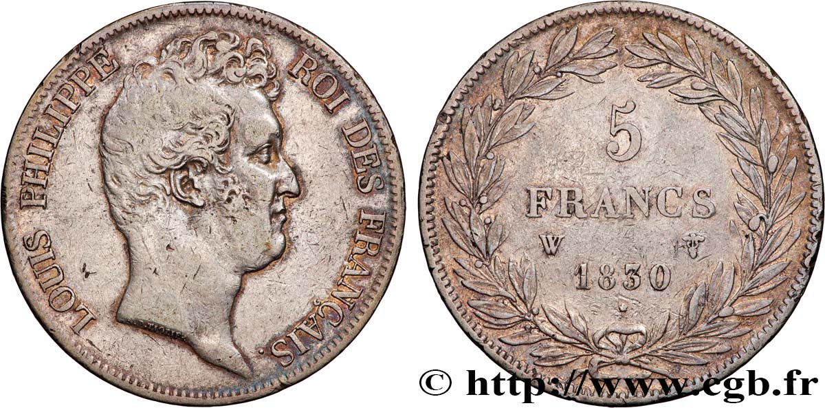 5 francs type Tiolier sans le I, tranche en creux 1830 Lille F.313/4 q.BB 