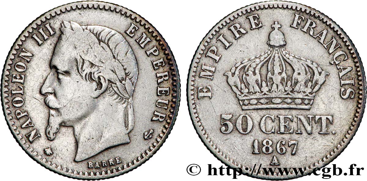 50 centimes Napoléon III, tête laurée 1867 Paris F.188/13 BC 