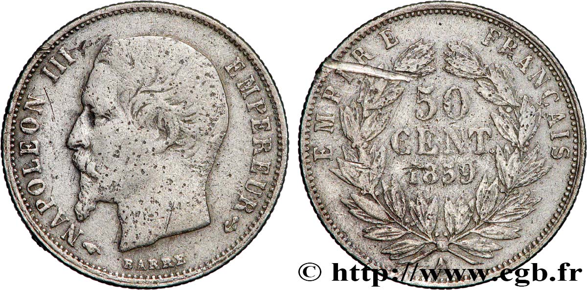 50 centimes Napoléon III, tête nue 1859 Paris F.187/10 TB 